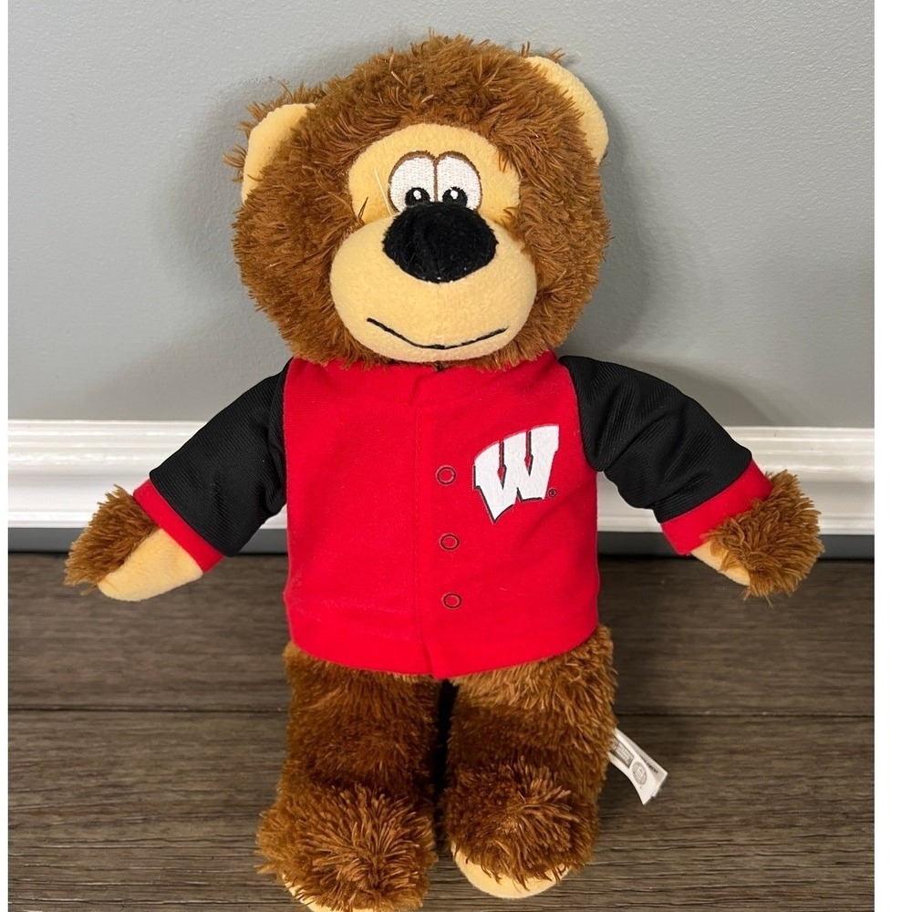 Wisconsin Badgers Plush Bear Bucky Mascot Red Varsity Jacket NCAA Collegiate